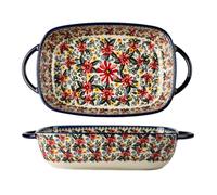 Dxcaicc Lasagne Dish Ceramics Creative Double-Handled Plate Deep Dish Home Polish Retro Exquisite Shape And Delicate Style Rectangular Ceramic Baking Tray,Red Flowers,Small
