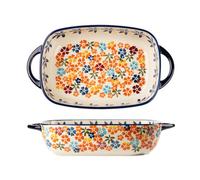 Dxcaicc Lasagne Dish Ceramics Creative Double-Handled Plate Deep Dish Home Polish Retro Exquisite Shape And Delicate Style Rectangular Ceramic Baking Tray,Orange Flowers,Big