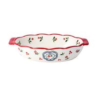 Dxcaicc Lasagne Dish Red Cherry Fruit Unique Flower Design Handmade Decals Double-Ear Handle Design Exquisite Glaze Smooth Cheese Household Baked Tray,Oval,Small