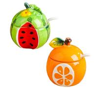 Dxcaicc Spices Jars 2-Piece Seasoning Ceramic Condiment Set with Tray Spoon Set Fresh Cute Cartoon Fruit Shapes Decorate Your Kitchen,Watermelon Orange