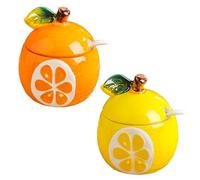 Dxcaicc Spices Jars 2-Piece Seasoning Ceramic Condiment Set with Tray Spoon Set Fresh Cute Cartoon Fruit Shapes Decorate Your Kitchen,Lemon Orange