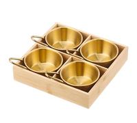 Dxcaicc Stainless Steel Food Serving Trays with Wooden Tray,Appetizer Bowl Set with Handle,Mul Compartments Dipping Serving Saucers Serving Tray,Gold,A
