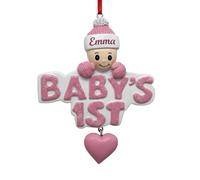 DXDOING Personalised Baby's First Christmas Ornament, Custom Baby Name Decoration, 3D Resin 'Baby's 1st' Design with Dangle Heart, Keepsake Gift for Newborn Boy Girl (Pink)