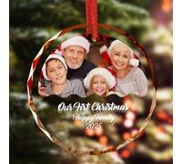 DXDOING Personalised Family Christmas Ornament 2025, Custom Round Crystal Glass Photo Bauble - Our First Christmas Keepsake Xmas Tree Decoration Gift for Parents, Children, Grandparents