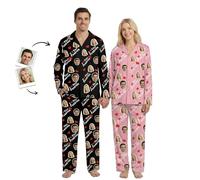 DXDOING Personalised Pyjamas Set for Couples Custom Face PJs with I Love You Forever - Button-Down Nightwear with Pockets