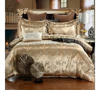 DXHOME Bed Linen 200 x 220 cm Satin Duvet Cover Set Golden Yellow Jacquard Embroidery Floral Pattern Silk Reversible Bedding Set Luxurious Modern Duvet Cover with Zip Pillowcase 80 x 80 cm