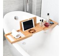 DXIA Bath Trays, Extendable Bath Caddy Tray, Bath Trays for Across the Bath Bamboo, Bath Rack Trays Adjustable, Wooden Bath Caddy Tray with Wine Glass Slot, Tablet Baffle and Removable Bamboo Tray