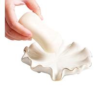 DXIA Ceramic Soap Dish, Self Draining Soap Holder, 4 Pack, Leaf Shape, Natural Bamboo Wood, For Shower, Bathroom, Kitchen