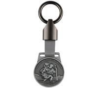 DXiongW Christopher Badge Silver with Leather Keyring Car Lucky Charm Diameter 3.8 cm Saint Christopher Pendant with Gift Box Patron Saint Keyring for Drivers and Travellers