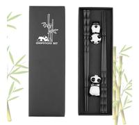 DXLing 2 Pairs Chopsticks Fibreglass Reusable Bamboo Shape Chopsticks Chinese Style Black Chopstick Rest Gift Set with Panda Ceramic Chopsticks Holder and Case