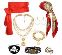 DXLing Pack of 8 Women's Pirate Accessories with Pirate Headscarf Red Hip Scarf Ring Pirate Eye Patch Ear Jewellery Necklace Pirate Bracelets Pirate Accessories Women's for Carnival Cosplay Party