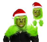 DXPETA 3 PCS Green Monster Mask and Gloves Hat, Realistic Big Monster, Furry Scary Monster Costume Props Latex Full Head Cosplay Headpiece with Santa Hat Wig for Women Men