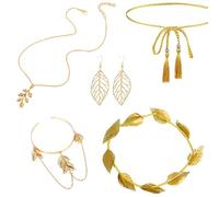 DXPETA 6Pcs Greek Goddess Costume Women, Ancient Greek Costume Girls Accessories Set, Gold Laurel Leaf Headpiece, Necklace, Earrings, Waist Chain, Arm Ring, for Themed Parties, Weddings, Role-Playing