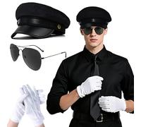 DXPETA Chauffeur Hat, Train Driver Hat, Taxi Driver Accessories, Bus Driver Gloves, 1920s-1980s Themed Parties, Cosplay Costume Set with Three White Gloves and Grey Lens Sunglasses