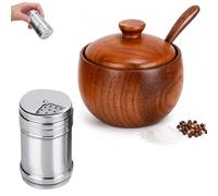 DXPETA Salt Cellar with Lid and Spoon, Wooden Salt Pot for Kitchen Organisation, Vintage Style Salt Container for Seasonings Storage, Compact Design 9x6 cm and 8x3.8 cm