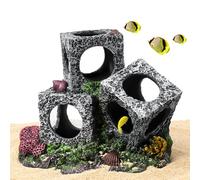 DXQCHDUO Aquarium Hideaway Rock Cave,Betta Hideout Cave,Resin Fish Tank Ornament,Reptile Hide Cave Tank Decoration Accessories for Aquatic Pets Play and Rest (Grey, Three Holes)