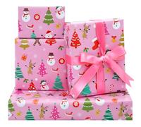 DXRJMB Pink Christmas Wrapping Paper, Baby Merry Christmas Xmas Santa Snowman Wrapping Paper with Pink Ribbon 6 Folded Sheets 28x20 Inches Santa Wrap Paper for Kids Girls Women Holidays
