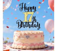 Dxsdgetue Happy 17th Birthday Cake Topper - Black Gold Glitter Cheers to 17 Years - Fabulous Cake Decoration for 17th Birthday/Anniversary Party