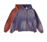 DXSHCV Oversize Men's Vintage Hoodie Zip Up Long Sleeve Sweatshirt with Pockets Acid Wash Streetwear Fleece Hoodies Jacket, Red+navy, Large