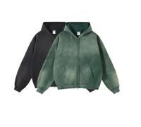 DXSHCV Oversize Men's Vintage Hoodie Zip Up Long Sleeve Sweatshirt with Pockets Acid Wash Streetwear Fleece Hoodies Jacket, Black+green, M