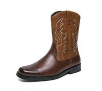 DXSYGMBN Cowboy Boots for Men Square Toe Chunky Heel Western Boots with Retro Classic Embroidered Pull on Mid Calf Slip Resistant Casual Shoes,Dark Brown,8 UK