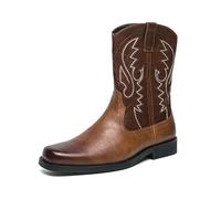 DXSYGMBN Cowboy Boots for Men Square Toe Chunky Heel Western Boots with Retro Classic Embroidered Pull on Mid Calf Slip Resistant Casual Shoes,Brown,6 UK