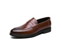 DXSYGMBN Men's Comfortable Soft Leather Chunky Loafers Fashion Business Casual Formal Work Shoes Retro Round Toe Anti-Slip Lug Sole Slip-On Penny Loafers,Brown,6 UK