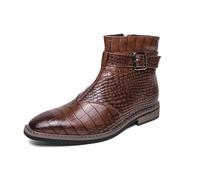 DXSYGMBN Men's Crocodile Pattern Leather Ankle Boots Formal Dress Shoes Side Zip Pointed Toe Stylish Casual Party Chelsea Boots,Brown,7 UK