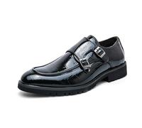 DXSYGMBN Men's Double Monk Strap Shoes Patent Leather Crocodile Print Dress Shoes Formal Slip-on Loafers for Business Wedding Party,Black,9.5 UK
