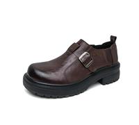 DXSYGMBN Men's Leather Monk Strap Platform Chunky Heel Loafers Retro Classic Round Toe Heightening Non Slip Lug Sole Slip on Business Block Heel Dress Loafers for Work Wedding,Brown,6 UK