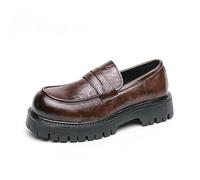 DXSYGMBN Men's Leather Platform Chunky Slip-On Penny Loafers Classic Round Toe Lug Sole Business Casual Formal Work Shoes,Brown,7 UK