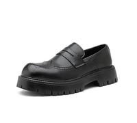 DXSYGMBN Men's Leather Wingtip Wide Round Toe Platform Loafers Classic Slip on Comfortable Anti-Slip Lug Sole Brogue Penny Loafers for Wedding Business Formal Prom,Black,7.5 UK