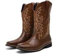 DXSYGMBN Men's Western Cowboy Boots Retro Embroidered Square Toe Mid-Calf Pull-on Boots Classic Faux Leather Biker Shoes for Outdoor Work Party,Brown,9 UK
