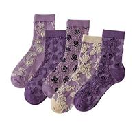 DXYAKY 5 Pairs Womens Floral Cotton Socks Vintage Patterned Crew Socks Novelty Ankle Ruffled Warm Casual Dress Socks, 5 Pairs - Purple, One Size