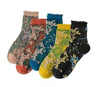 DXYAKY 5 Pairs Womens Floral Cotton Socks Vintage Patterned Crew Socks Novelty Ankle Ruffled Warm Casual Dress Socks, 5 Pairs - Pattern 1, One size