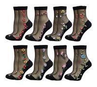 DXYAKY Sheer Mesh Transparent Socks for Women Ultra-thin Lace Fishnet See Through Ankle Socks Novelty Casual Crew Socks, 8 Pairs - Flower Pattern