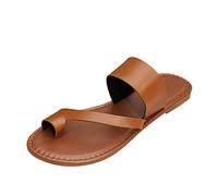 DXYDSC Ladies Fashion Summer Solid Color Leather Cover Toe Flat Bottom Casual Sandals Womens Cow Slippers, Brown, 6 UK