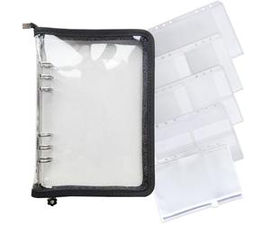 DY.2ten A5 Binder 6 Ring Cover with Zipper, a5 6 Hole Clear Soft PVC Refillable Notebook Shell, A5 Zipper Binder Pockets, Loose Leaf Binder for Cash Budget System, Journaling, Planner, Photo Album