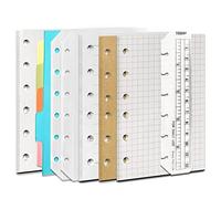 DY.2ten A7 6-Hole Binder Notebook Refills Set -(Gridded Paper Refills + Lined Paper + Kraft Paper + Blank Loose Leaf Paper) 180 Sheets + 2pcs A7 Zipper Binder Pockets + 5 Pcs A7 Dividers + Ruler