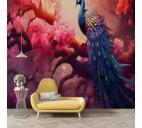 dyausi Blue Peacock Tree Photo Wallpaper, Pink Floral Mural, Large Self-Adhesive Wallpaper, Decoration Poster Wall Stickers for Bedroom Living Room TV Wall Decor 400 * 280cm (W*H) O5
