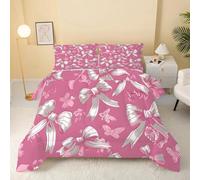 dyausi Bow Knots Duvet, Coverless Duvet Double Duvet, 7.5 Tog All Season Ribbon Satin Comforter 3 Piece, Washable Quilt Double 200x200 with 2 Pillowcases 50x75, Pink