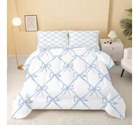 dyausi Bow Knots Duvet, Coverless Duvet King Size Duvet 7.5 Tog, Lightweight Ribbon Satin Bedding Quilt 3 Piece, Machine Washable King Duvet 200x230 with Pillowcases, Blue White
