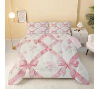 dyausi Bow Knots Duvet, Coverless Duvet Super King Size, Reversible Romantic Ribbon Comforter for All Year Round, Washable Quilt 7.5 Tog, Lightweight Superking Duvet 220x260, Pink