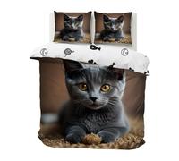 dyausi Cat Russian Blue Duvet Cover Double Cute Animals Printed Reversible Bedding Double Bed Set for Man Woman Kids Soft Microfiber Quilt Cover Double Bedding 200x200cm + 2 Pillowcases 50x75cm