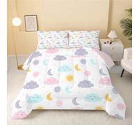 dyausi Cloud Moon Duvet, Coverless Duvet Double Duvet, 7.5 Tog All Season Cartoon Smiley Faces Comforter 3 Piece, Washable Quilt Double 200x200 with 2 Pillowcases 50x75, Pink Purple