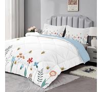 dyausi Double Duvet - Coverless Duvet with Matching Pillowcase 50x75cm - Reversible Bees and Flowers Printed Duvet - Lightweight and Washable Duvet Double - Double 200x200cm - White