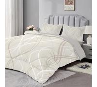 dyausi Double Duvet - Coverless Duvet with Matching Pillowcase - Reversible Printed Duvet with Geometry Stripes Pattern - Lightweight and Washable Duvet Double - Double 200x200cm - Beige