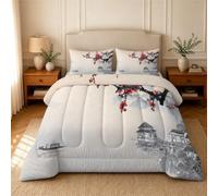 dyausi Japan Landscape Duvet, Queen Size Coverless Duvet 7.5 Tog, Soft Reversible All-Season Comforter Set with Plum Blossom Vintage Boat Pattern and 2 Pillowcases, Washable 228x228 cm - WY-894
