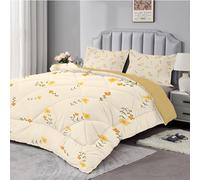 Dyausi King Size Coverless Duvet - 3pcs With Floral Pattern - Reversible and Washable Summer Bedding - Hypoallergenic Printed 220x230cm With 2 Pillowcases 50x75cm - Yellow