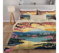 dyausi King Size Duvet - Coverless Duvet 3pcs with Mount Fuji & Sakura Pattern - Reversible and Washable Summer Duvet - Hypoallergenic Quilt Printed Duvet 220x230cm with 2 Pillowcases 50x75cm - Color